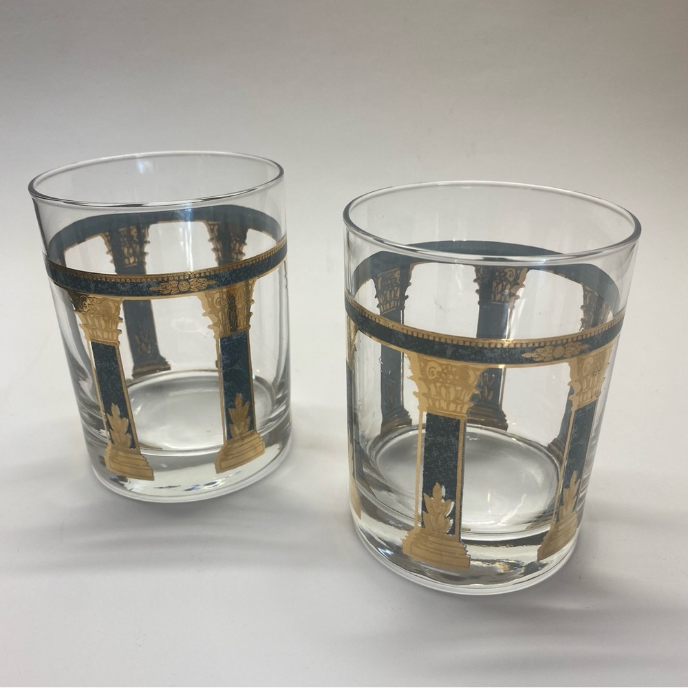 Culver MCM Rocks Glasses Vintage 22K Gold Green Greek Corinthian Columns Set 2